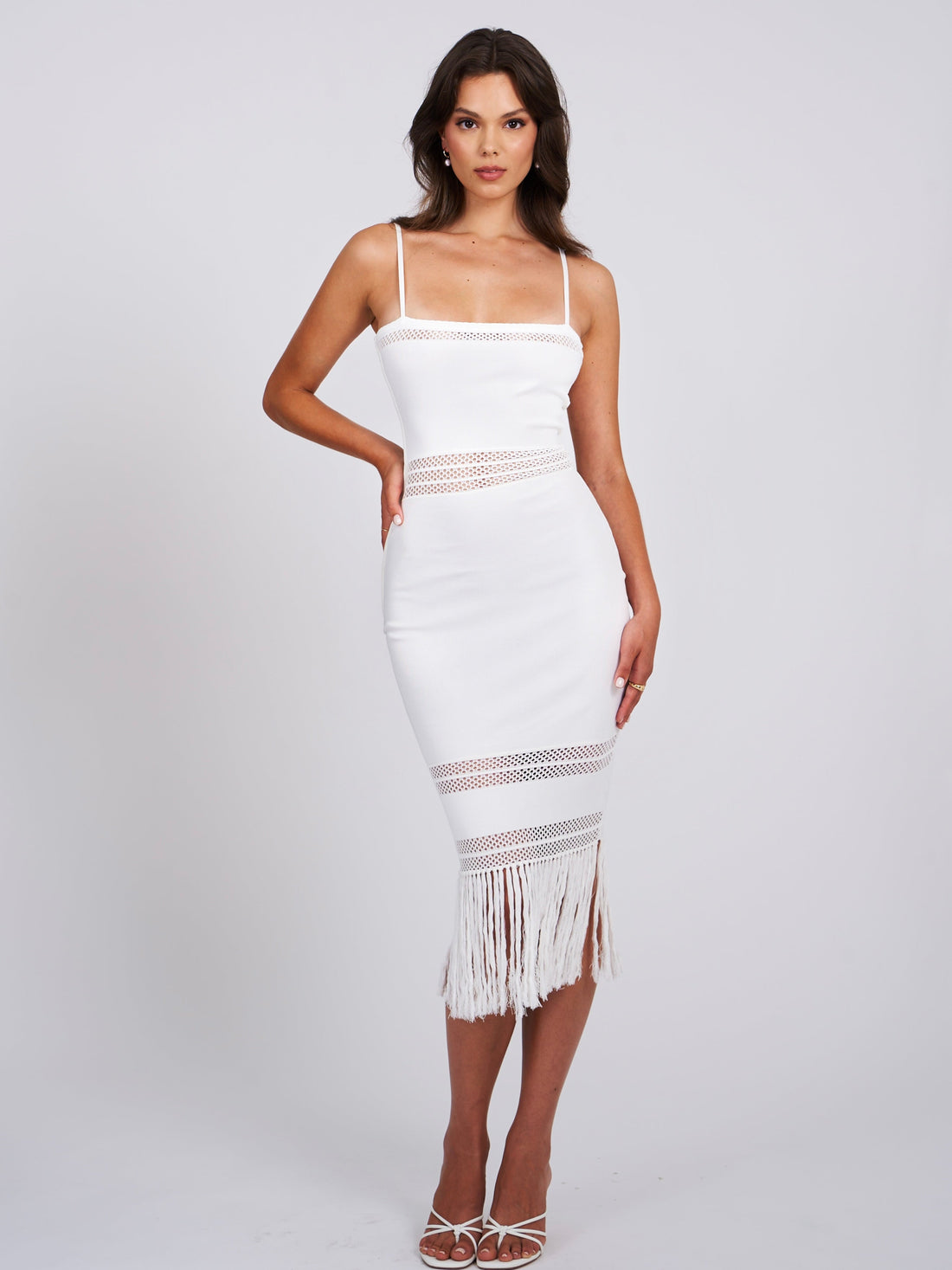 Soraya White Knit Crochet Fringe Midi Dress