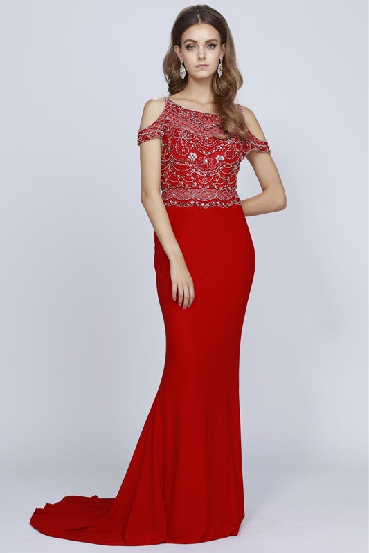 Beaded Long Cold Shoulder Fitted Dress by Juliet 660