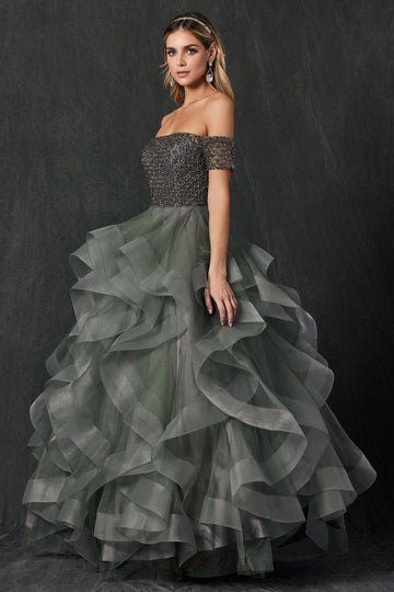 Ruffled Off Shoulder Ball Gown by Juliet 395