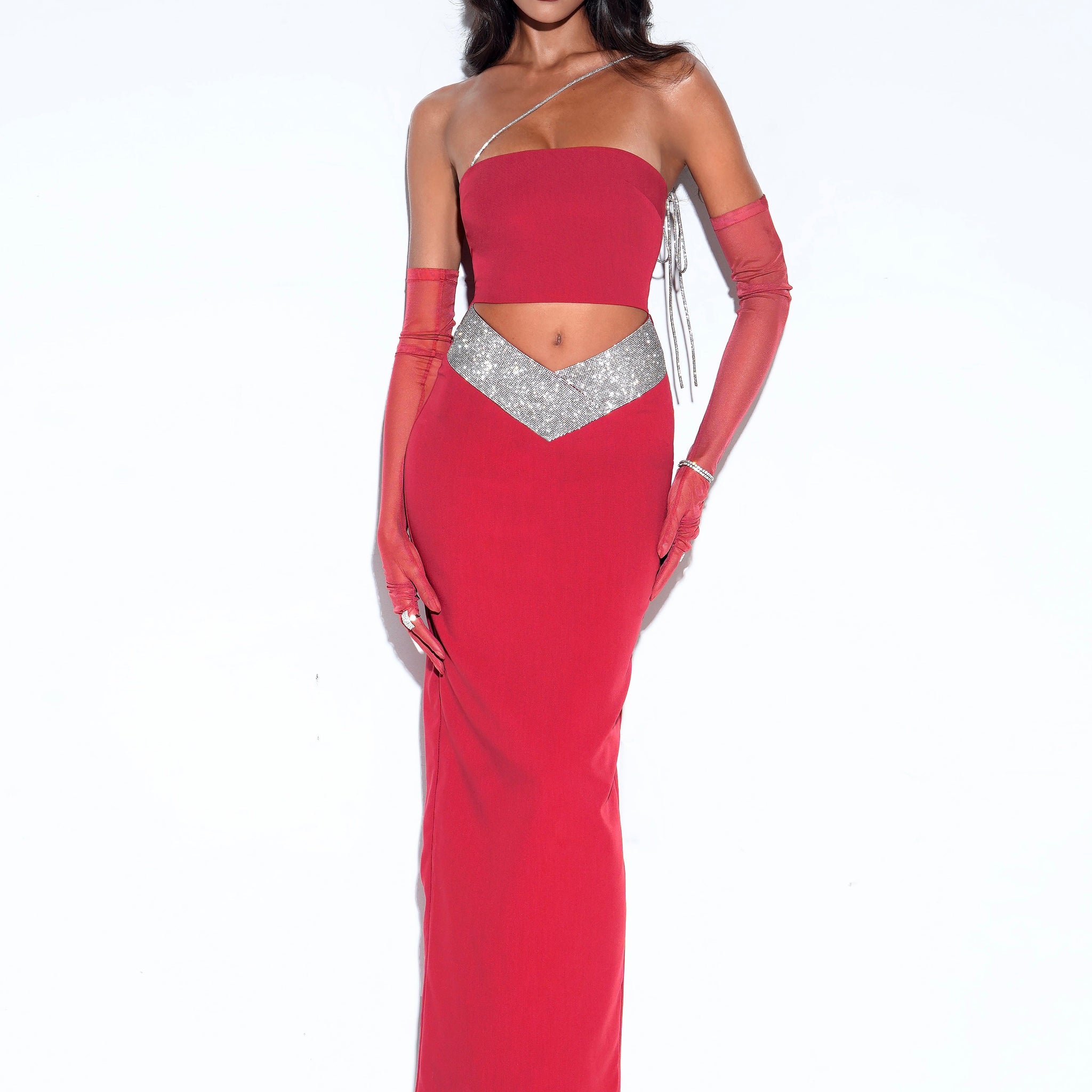 Fraida Maroon Crystal Cutout Maxi Dress