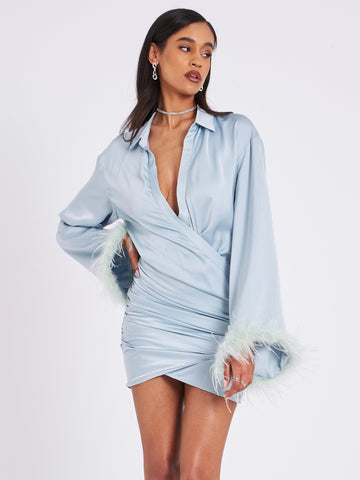 Jenna Pale Blue Long Sleeve Feather Robe Dress