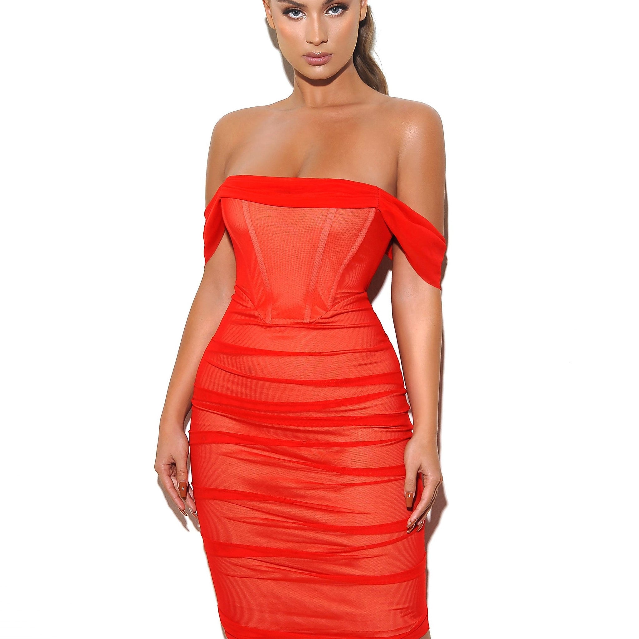 Weslee Red Off Shoulder Mesh Corset Dress