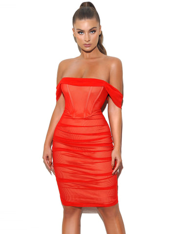 Weslee Red Off Shoulder Mesh Corset Dress