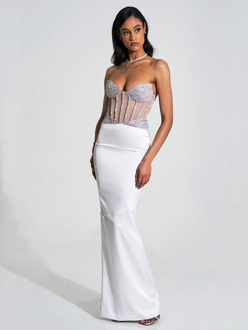 Delany White Crystal Corset Satin Gown