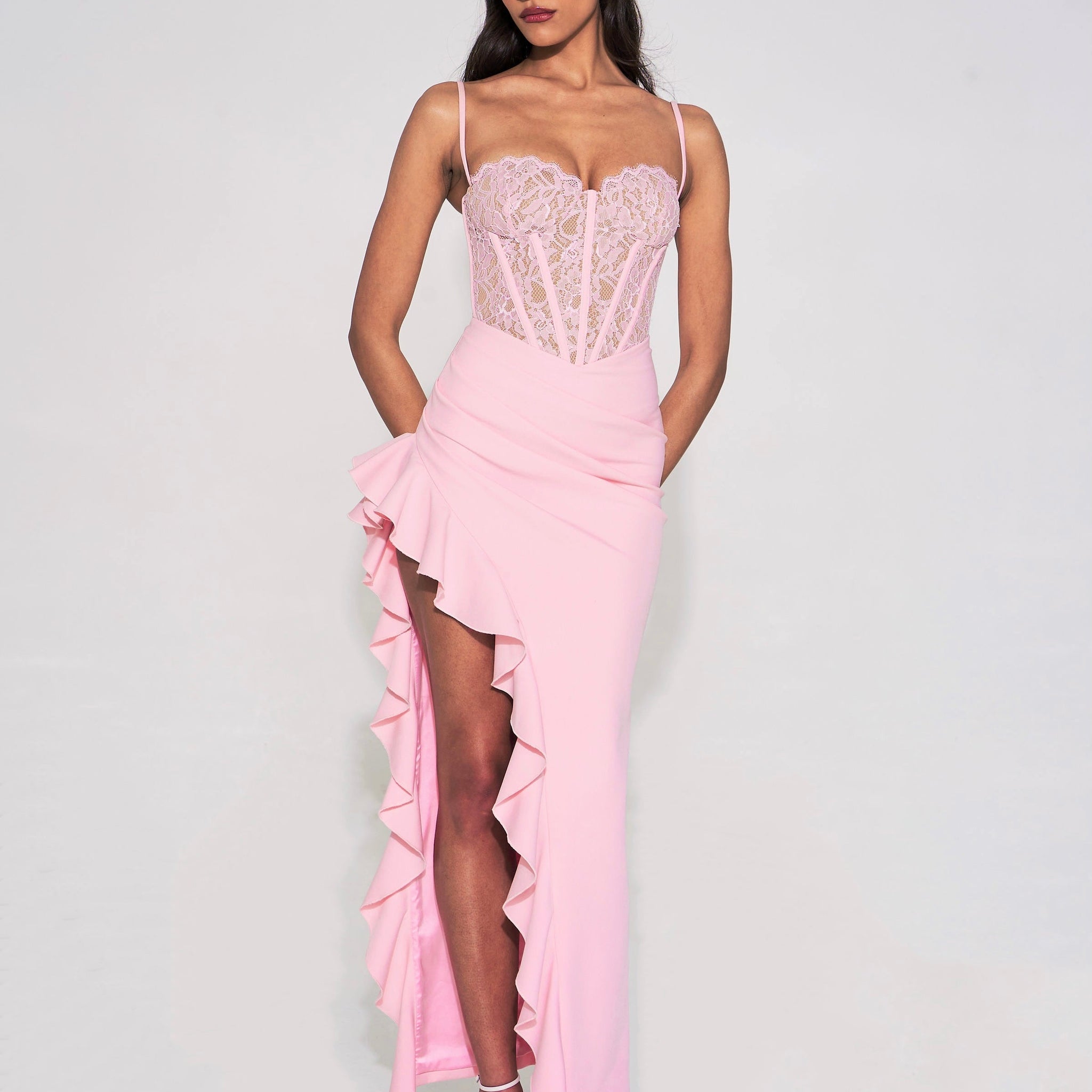 Junia Pink Lace Corset Maxi Dress