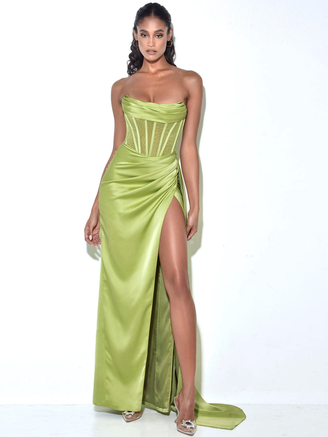 Prisa Lime High Slit Satin Corset Gown