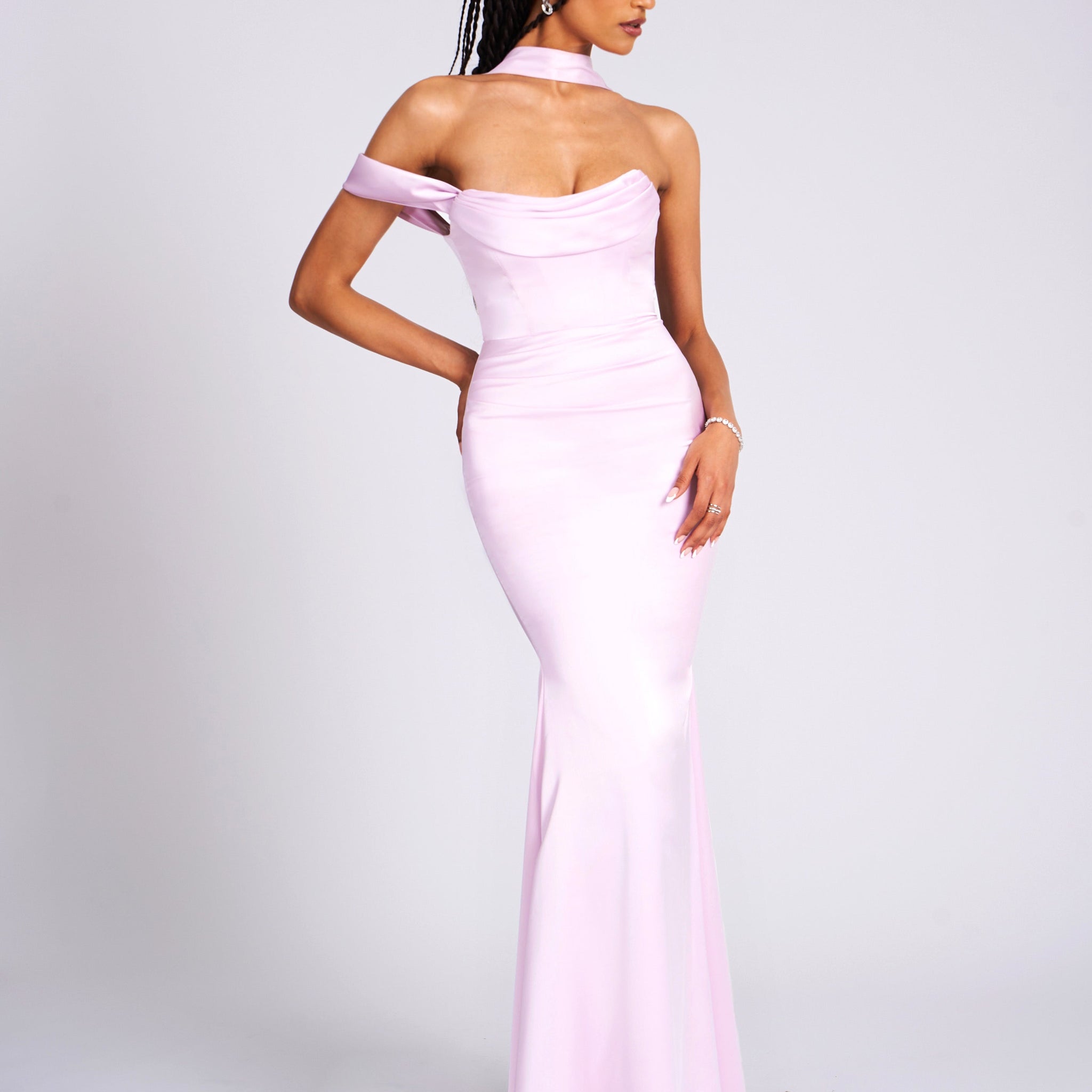 Ivona Mauve Halter Neck Double Duchess Satin Gown