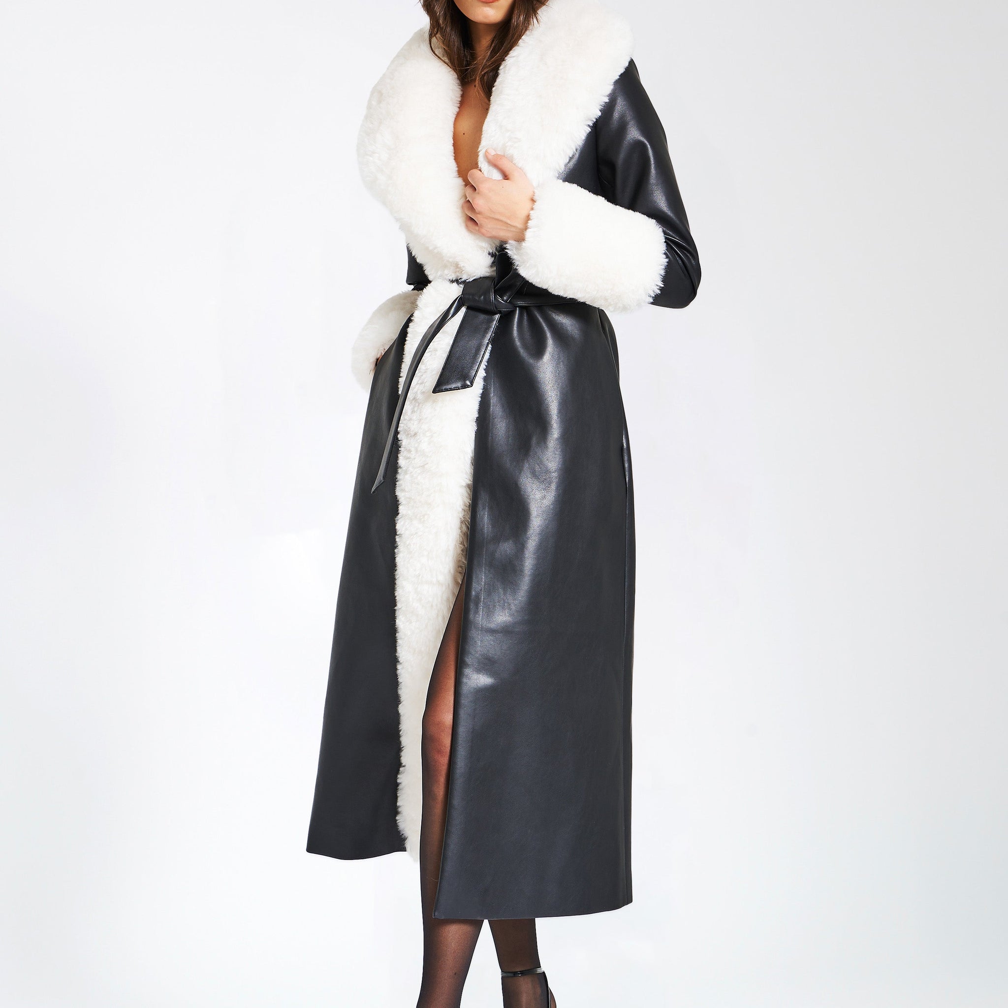 Zaida White Faux Fur Trim Black Vegan Leather Coat