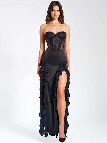 Talia Black Satin Lace Corset Maxi Dress