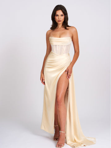 Prisa Egg White High Slit Satin Corset Gown