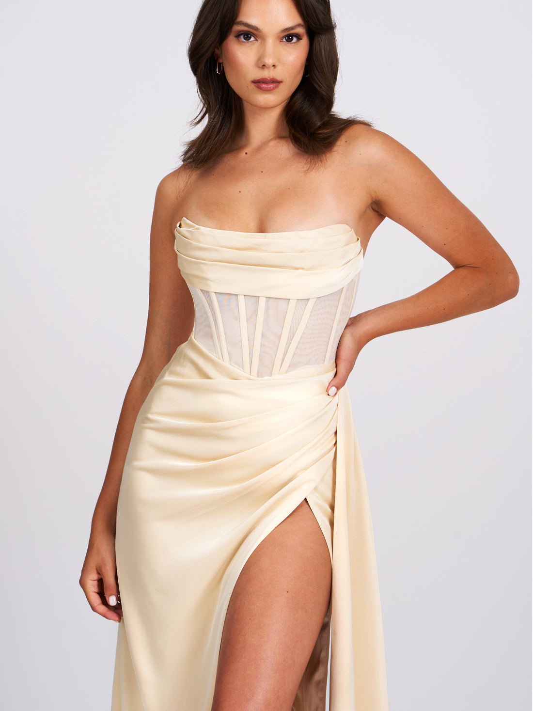 Prisa Egg White High Slit Satin Corset Gown