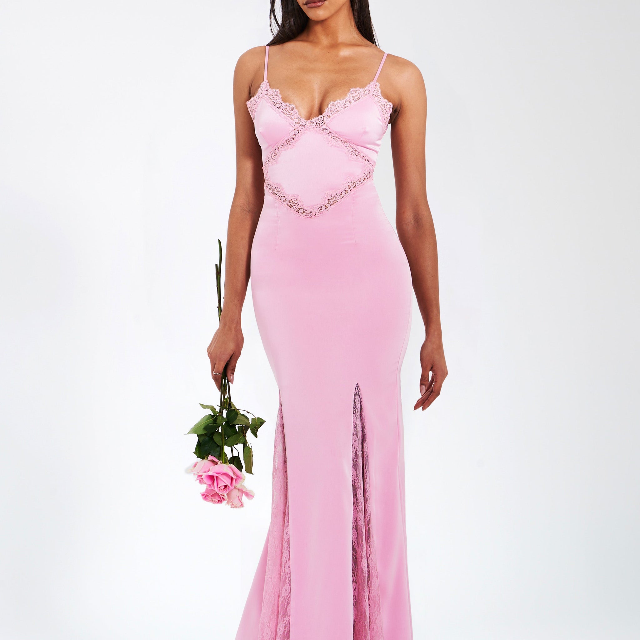 Xandria Pink Lace Satin Mermaid Flare Maxi Dress