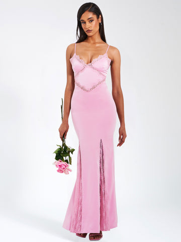 Xandria Pink Lace Satin Mermaid Flare Maxi Dress