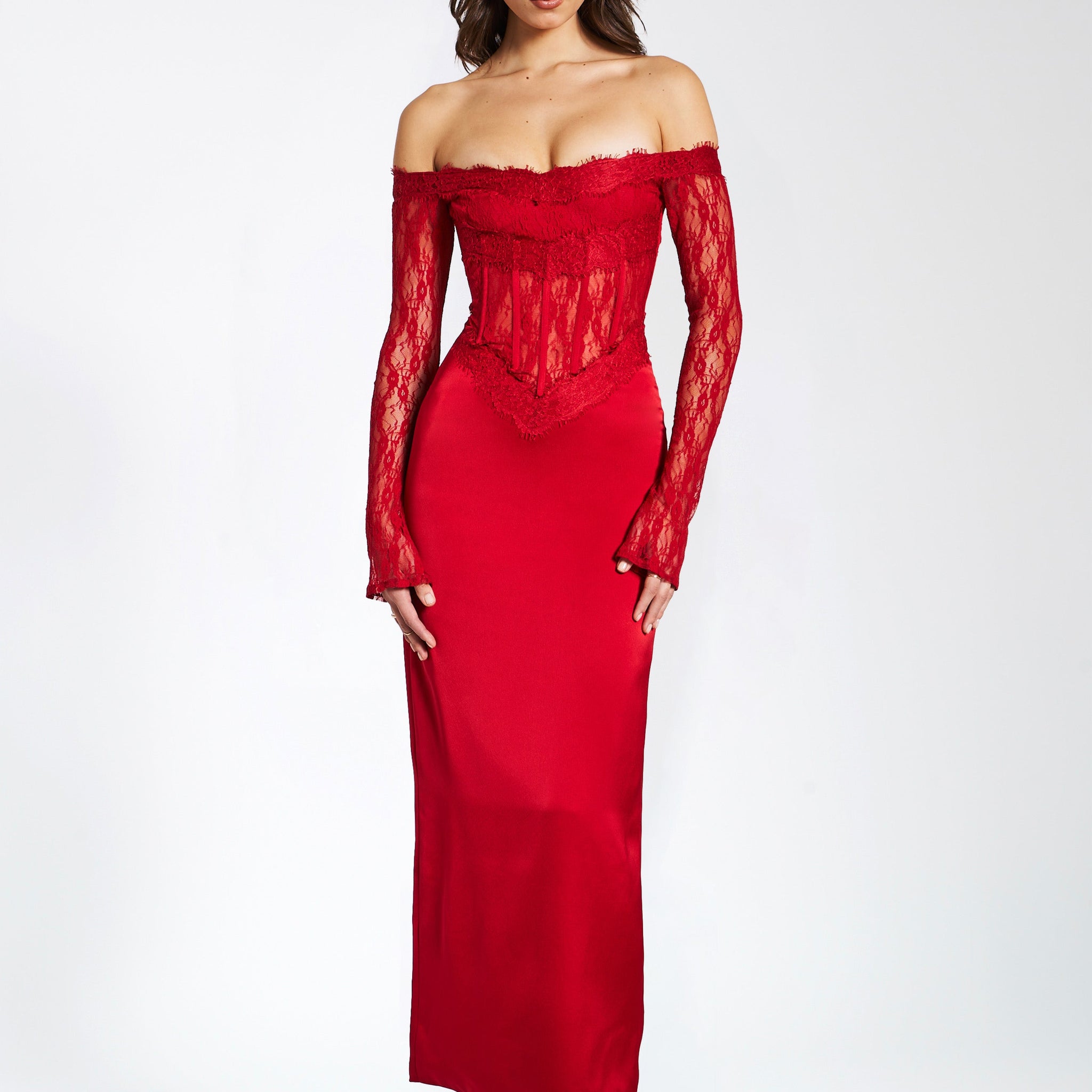 Nessa Red Lace Satin Corset Maxi Dress