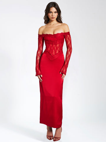 Nessa Red Lace Satin Corset Maxi Dress