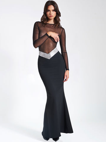 Aggie Black Sheer Maxi Dress With Crystal Waist Trim