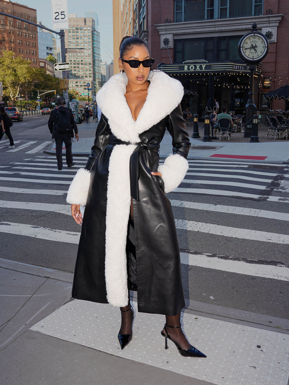 Zaida White Faux Fur Trim Black Vegan Leather Coat