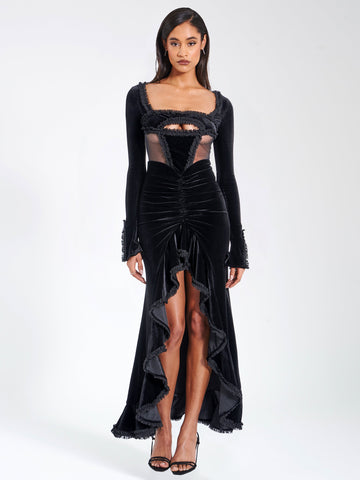 Maeve Black Velvet and Mesh Long Sleeve Maxi Dress