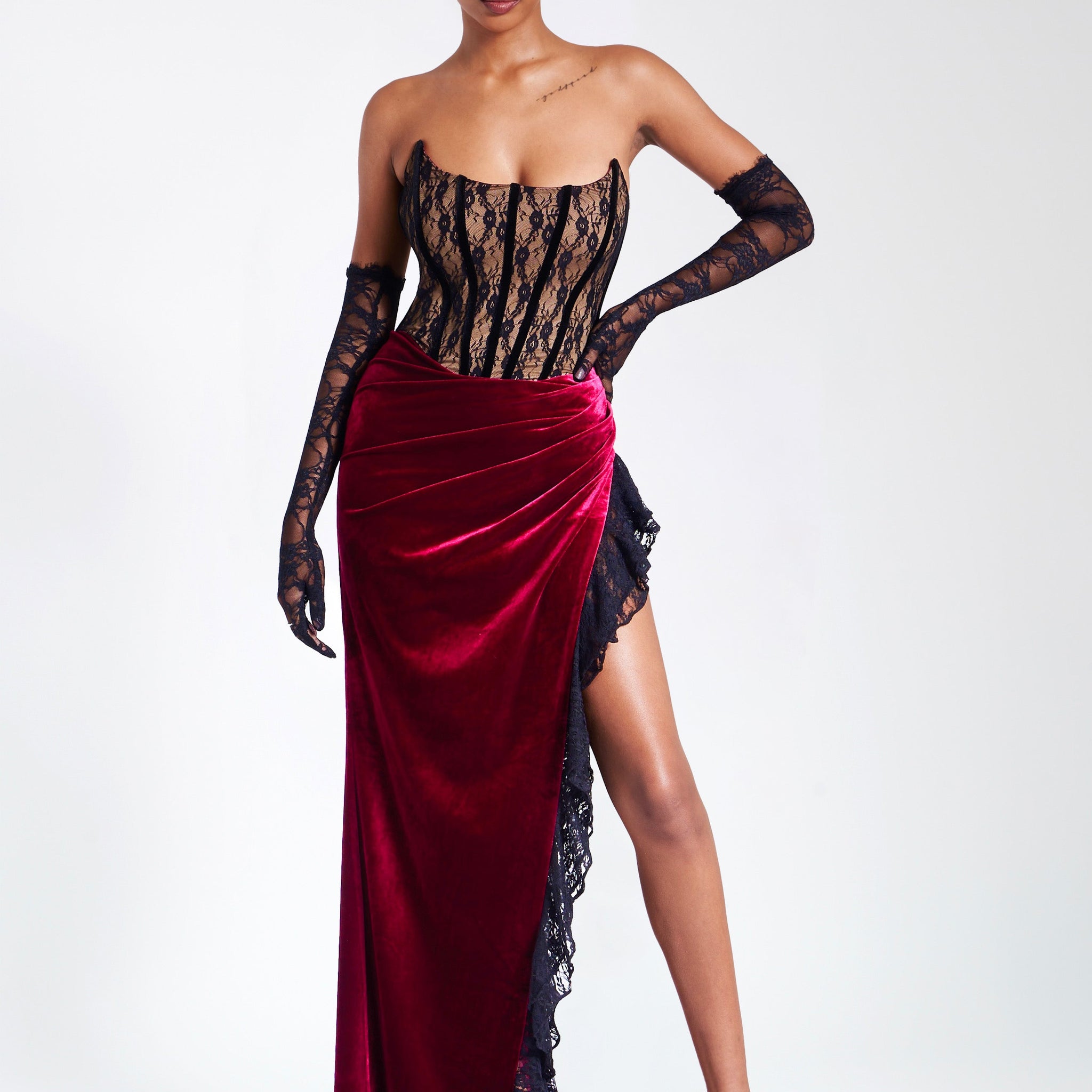 Gaia Burgundy Lace Velvet Corset Side Slit Dress