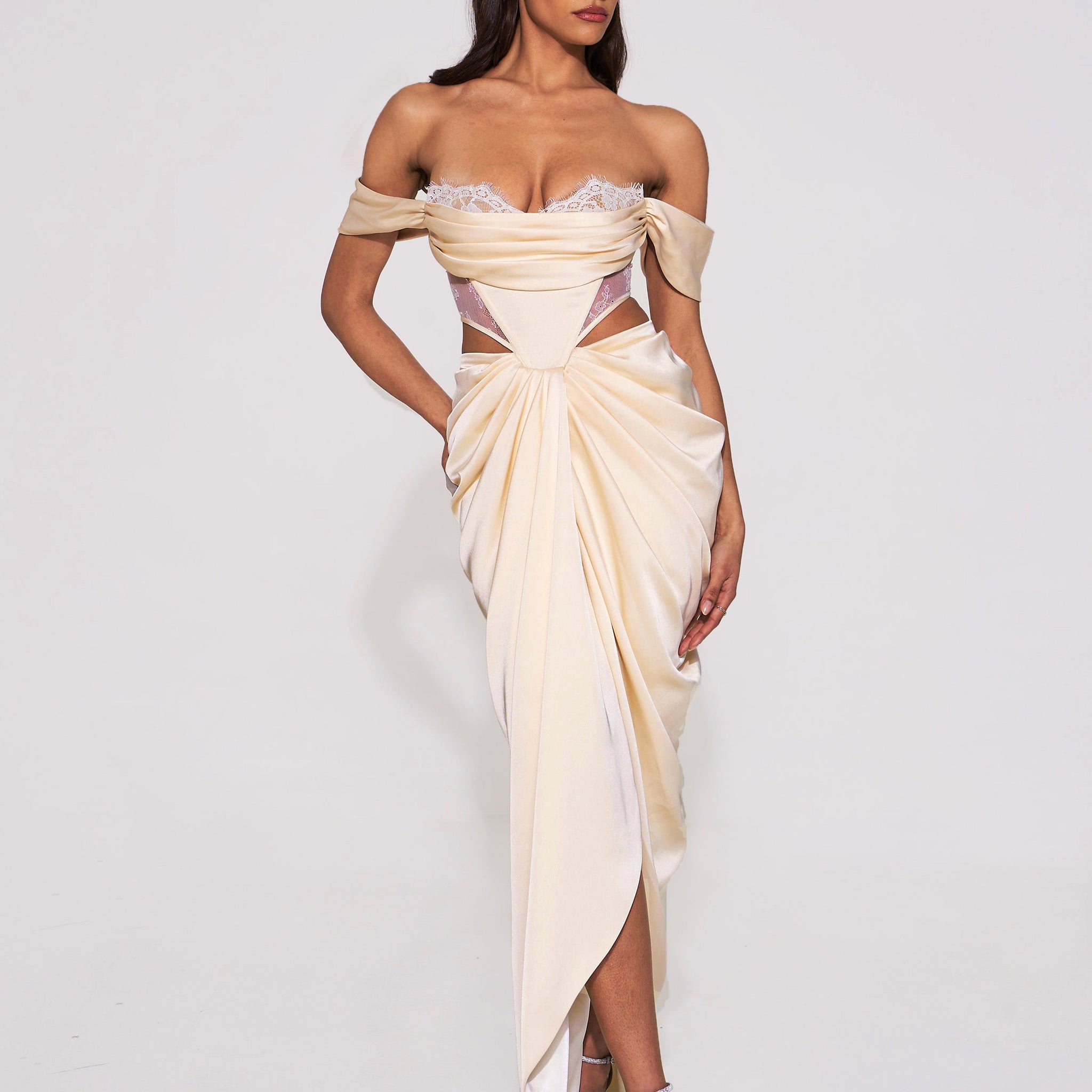 Umbrielle Pearl White Lace Satin Corset Off Shoulder Gown