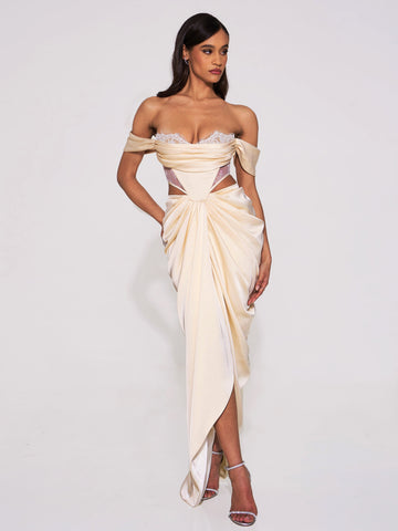 Umbrielle Pearl White Lace Satin Corset Off Shoulder Gown