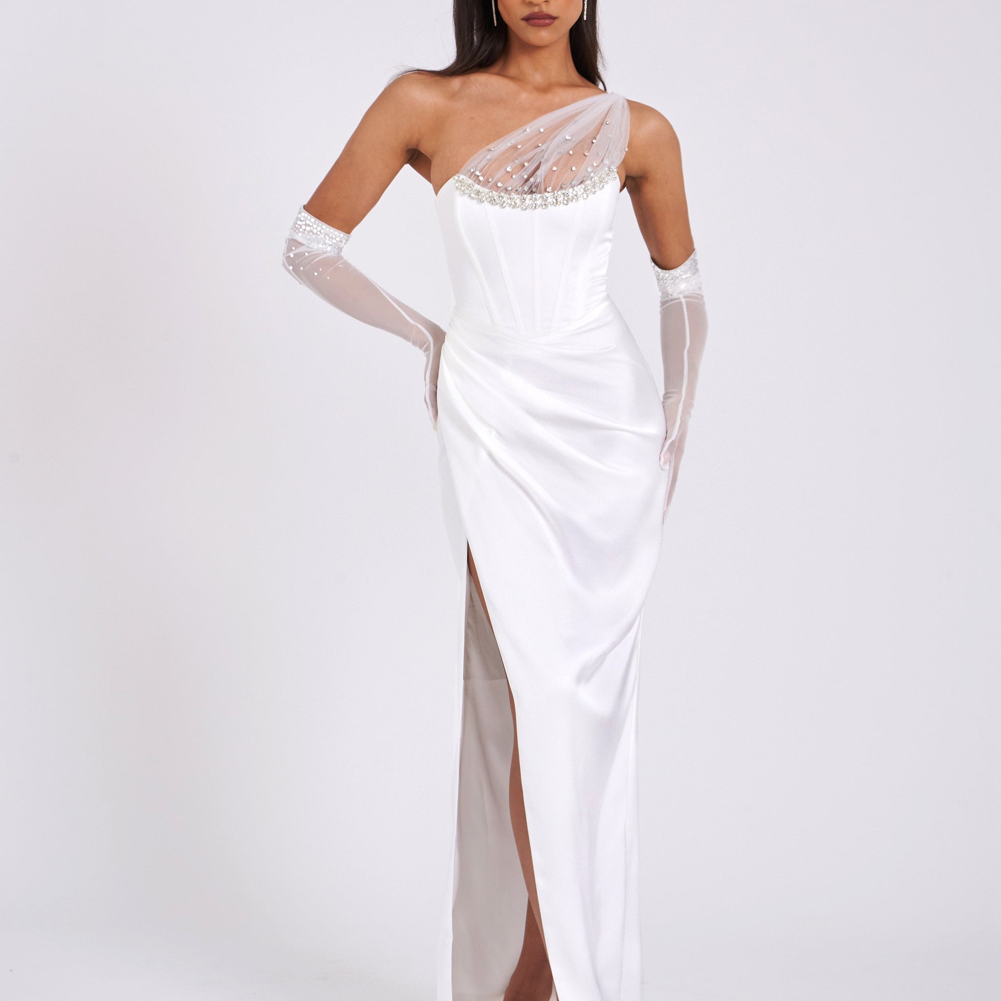 Lora White Crystal Embellished Mesh Satin Corset Gown