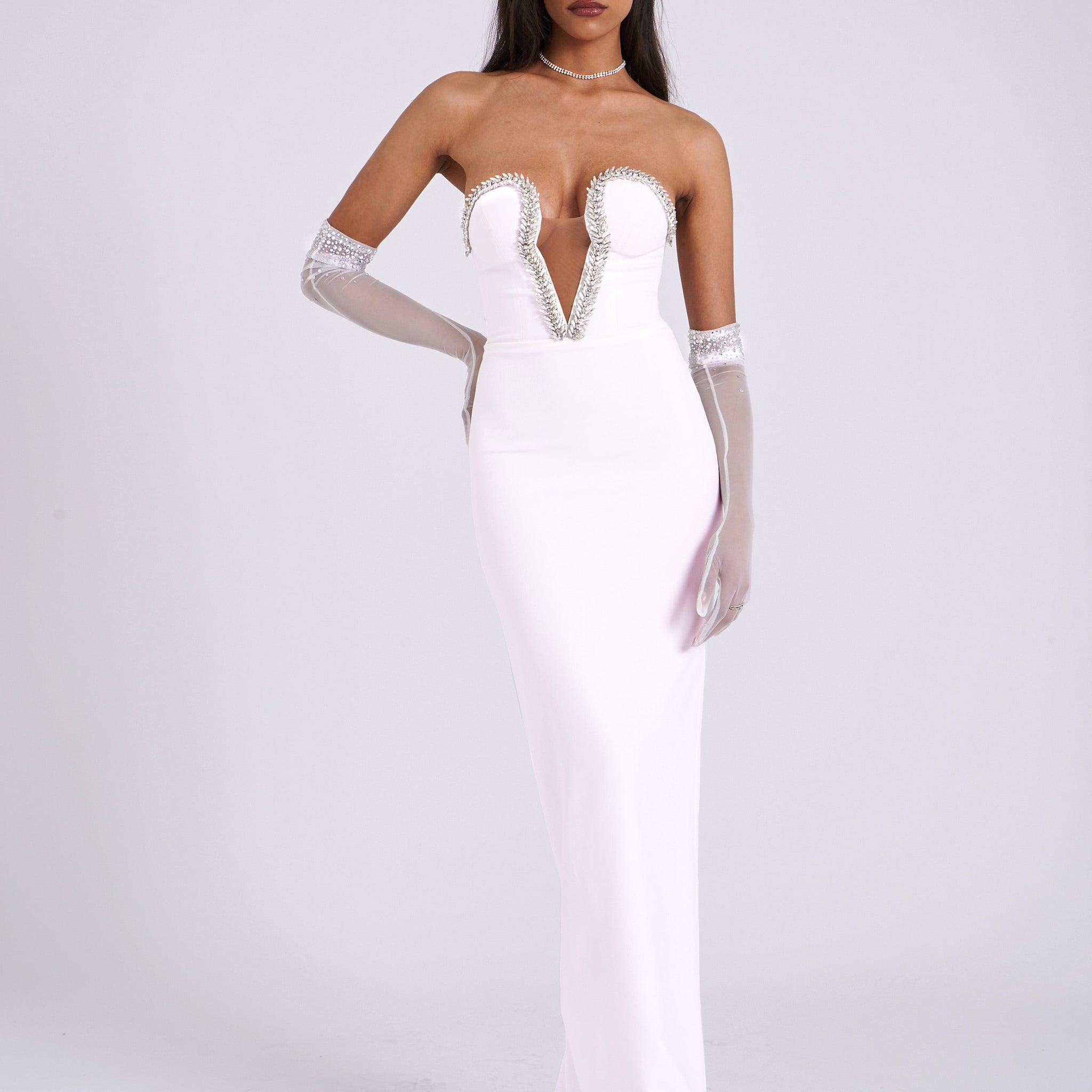 Ivanna White Crystal Embellished Maxi Dress