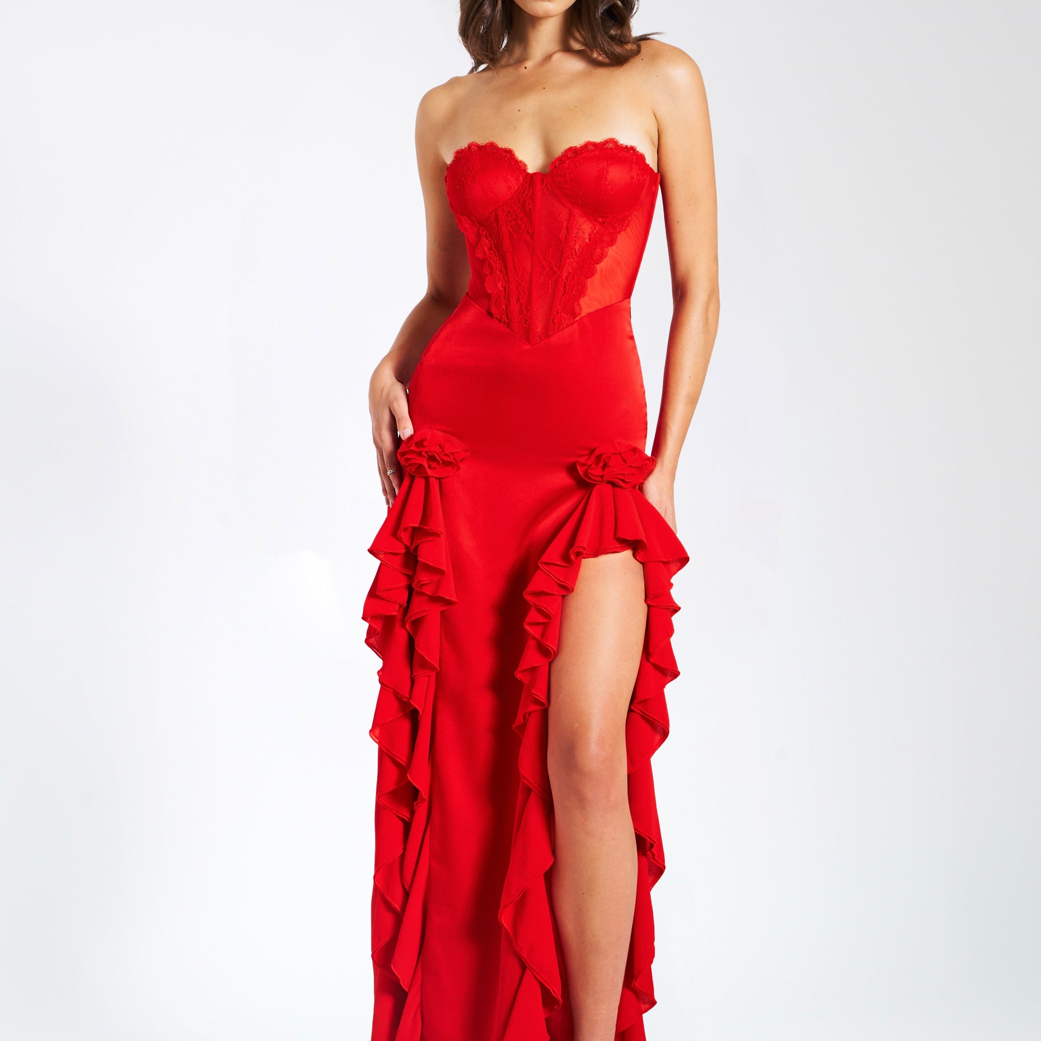 Talia Red Satin Lace Corset Maxi Dress