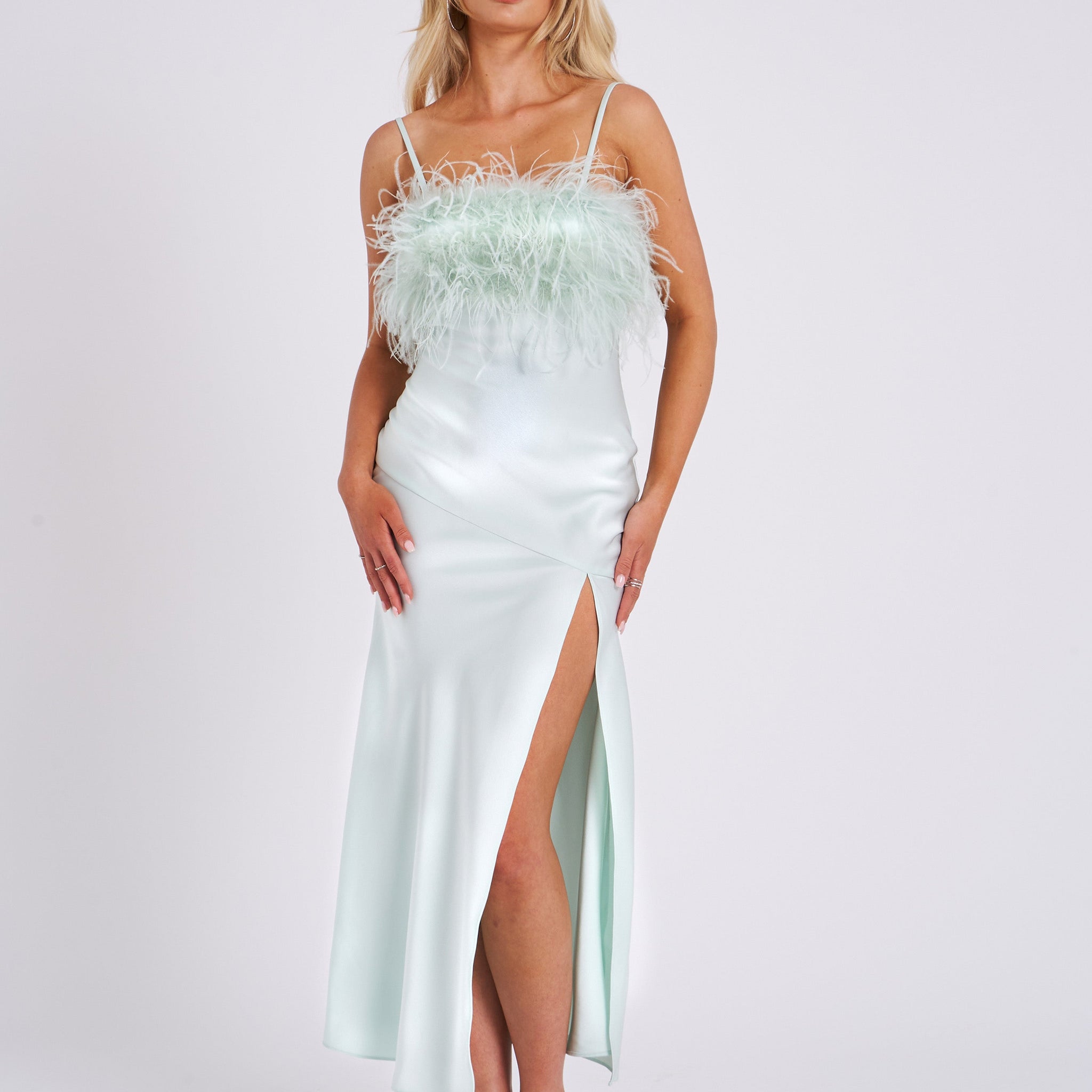 Yanira Mint Feather High Slit Satin Maxi Dress