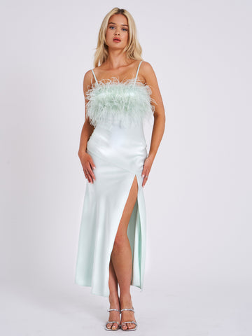 Yanira Mint Feather High Slit Satin Maxi Dress