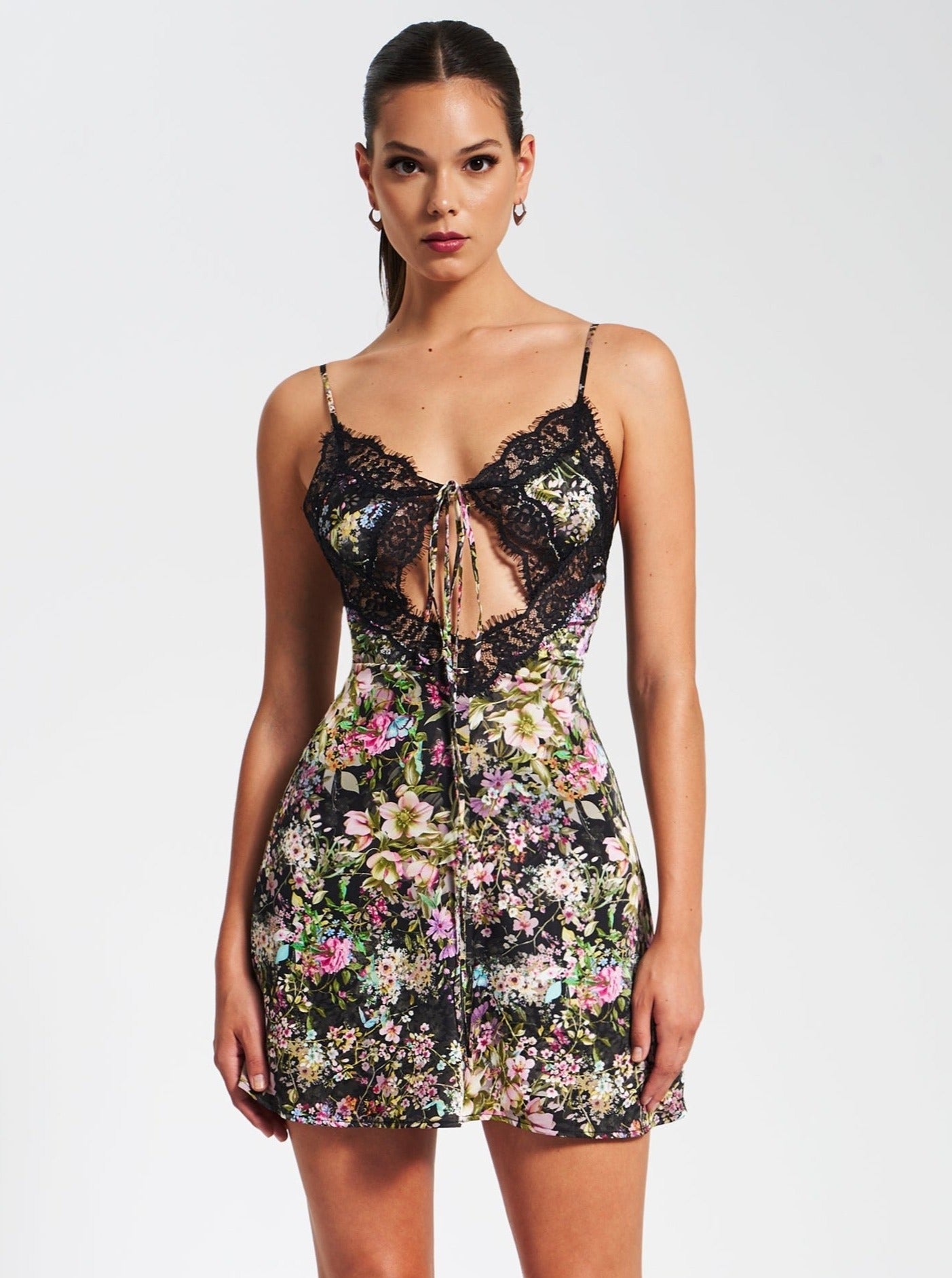 Tehila Floral Print Satin Mini Dress With Lace Trim