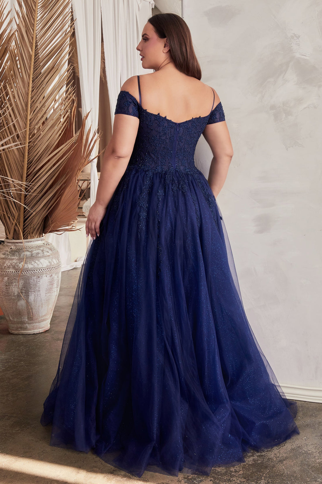 Plus Size Applique Off Shoulder Tulle Slit Gown by Ladivine C154C