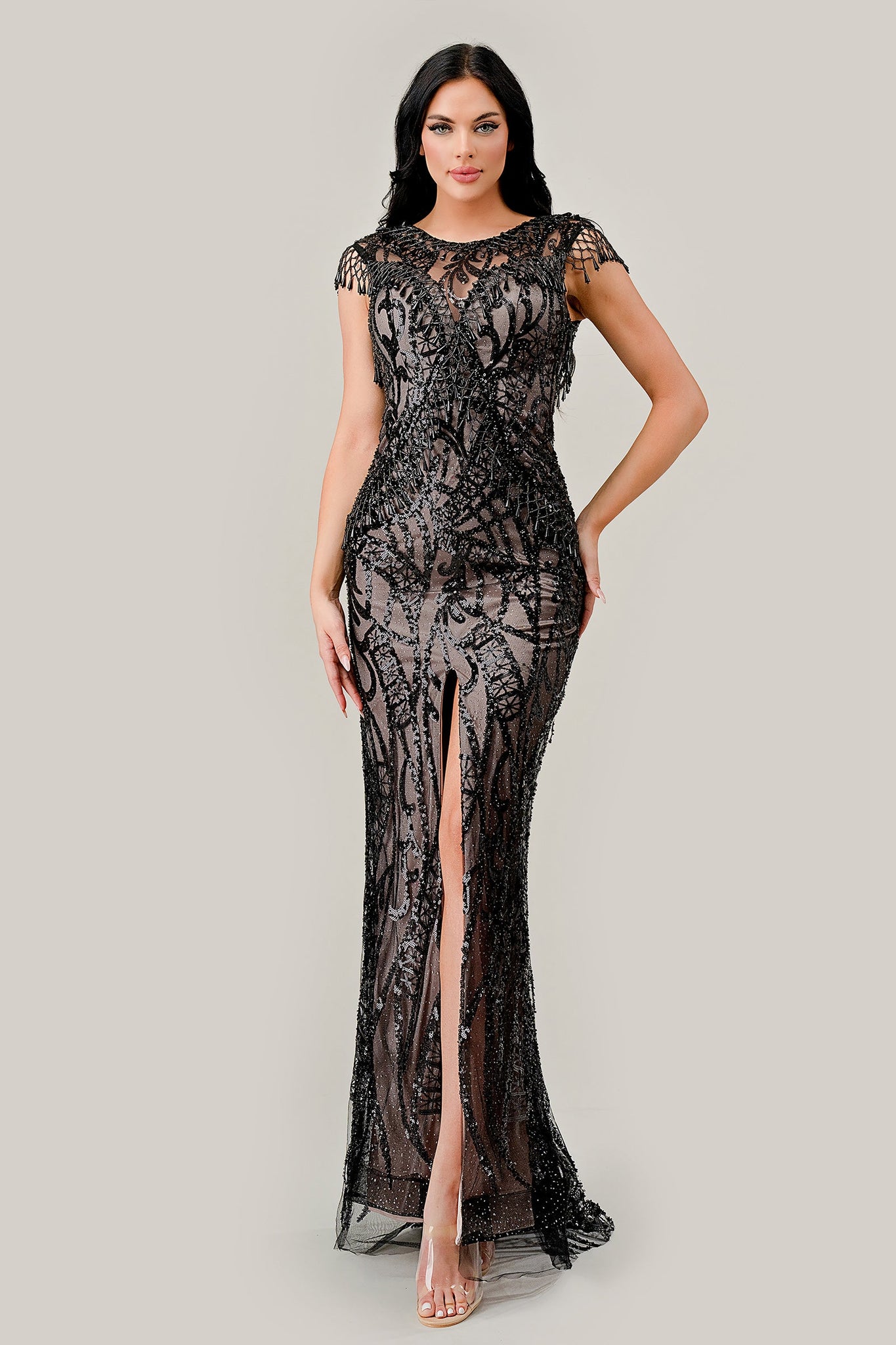 Sequin Fringe Cap Sleeve Slit Gown by Ladivine CC4007