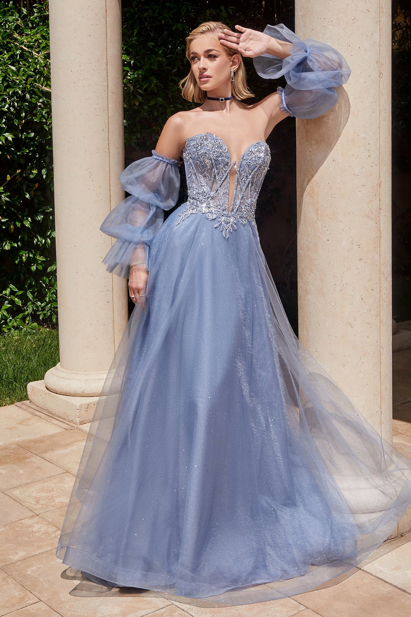 Beaded Strapless Puff Sleeve Tulle Gown by Ladivine CD830