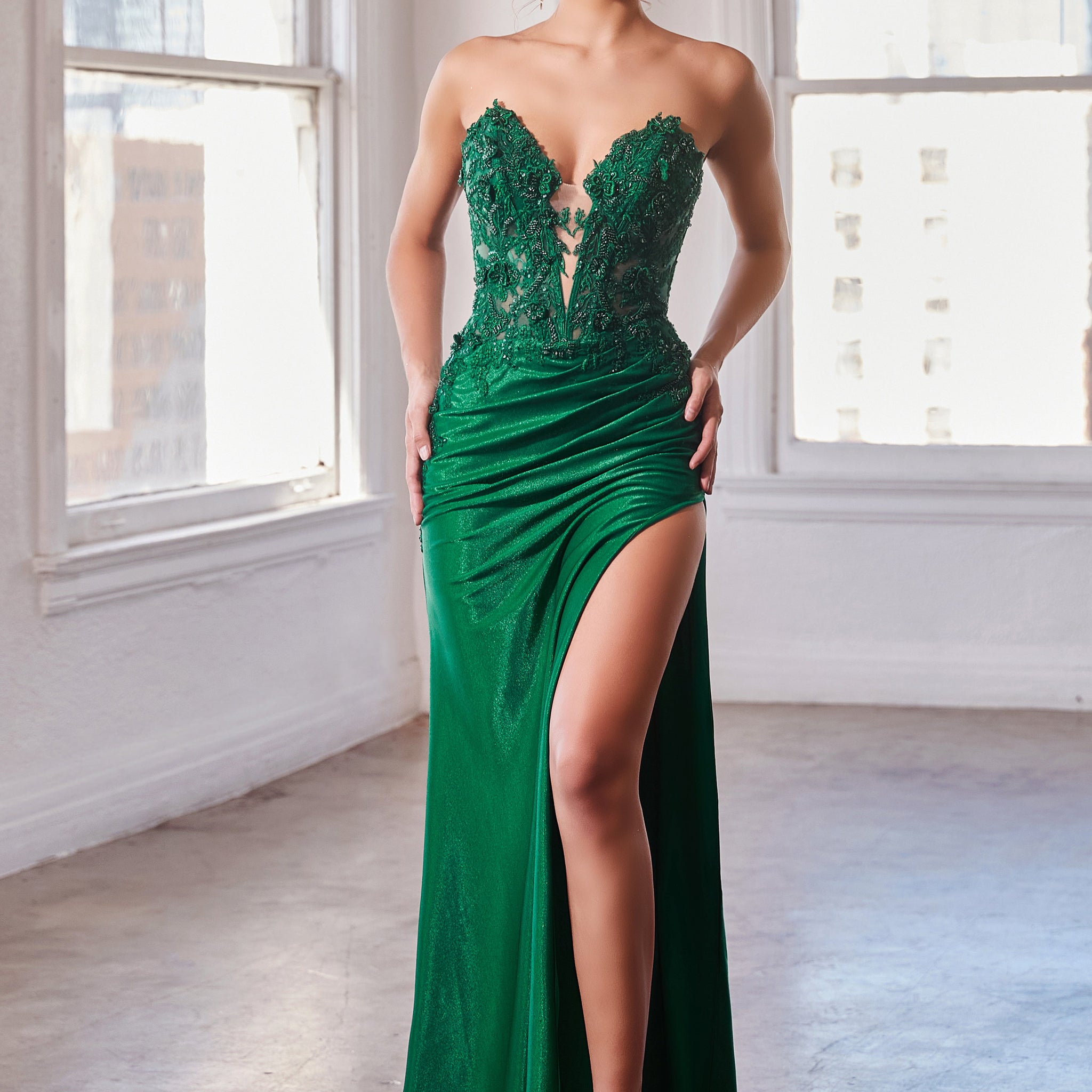 Fitted Applique Satin Strapless Slit Gown by Ladivine CDS465