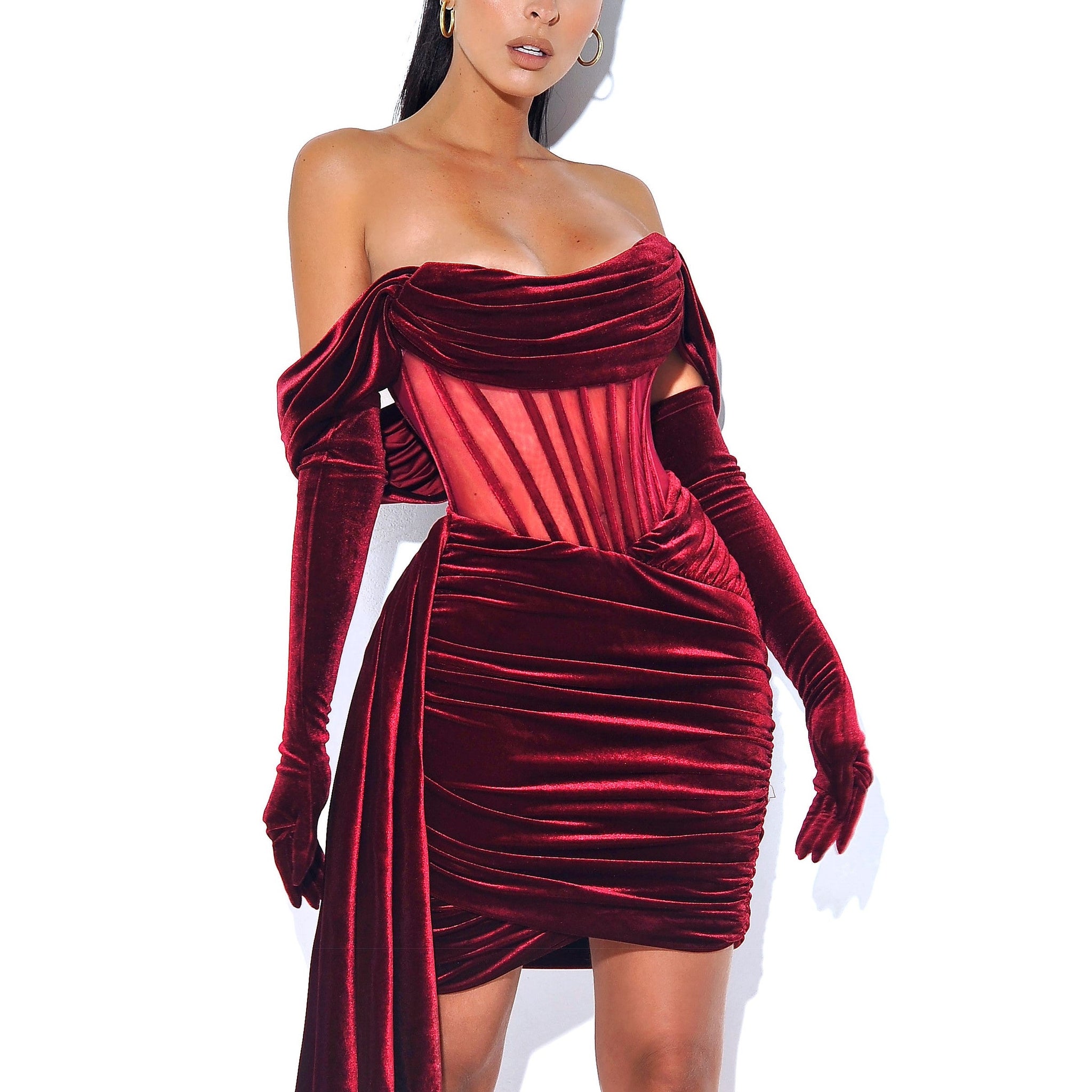 Irisa Burgundy Draping Off Shoulder Corset Dress