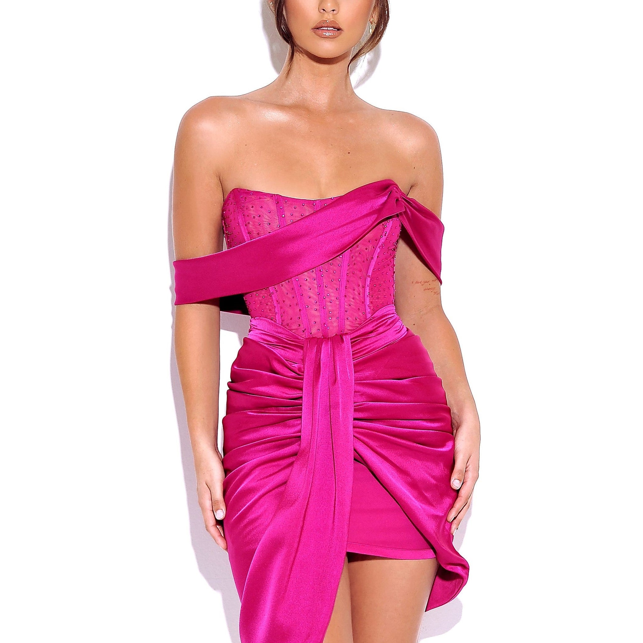 Darlene Fuchsia Off Shoulder Corset Satin Dress With Crystals