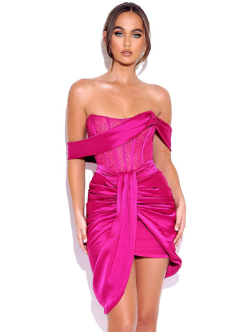 Darlene Fuchsia Off Shoulder Corset Satin Dress With Crystals