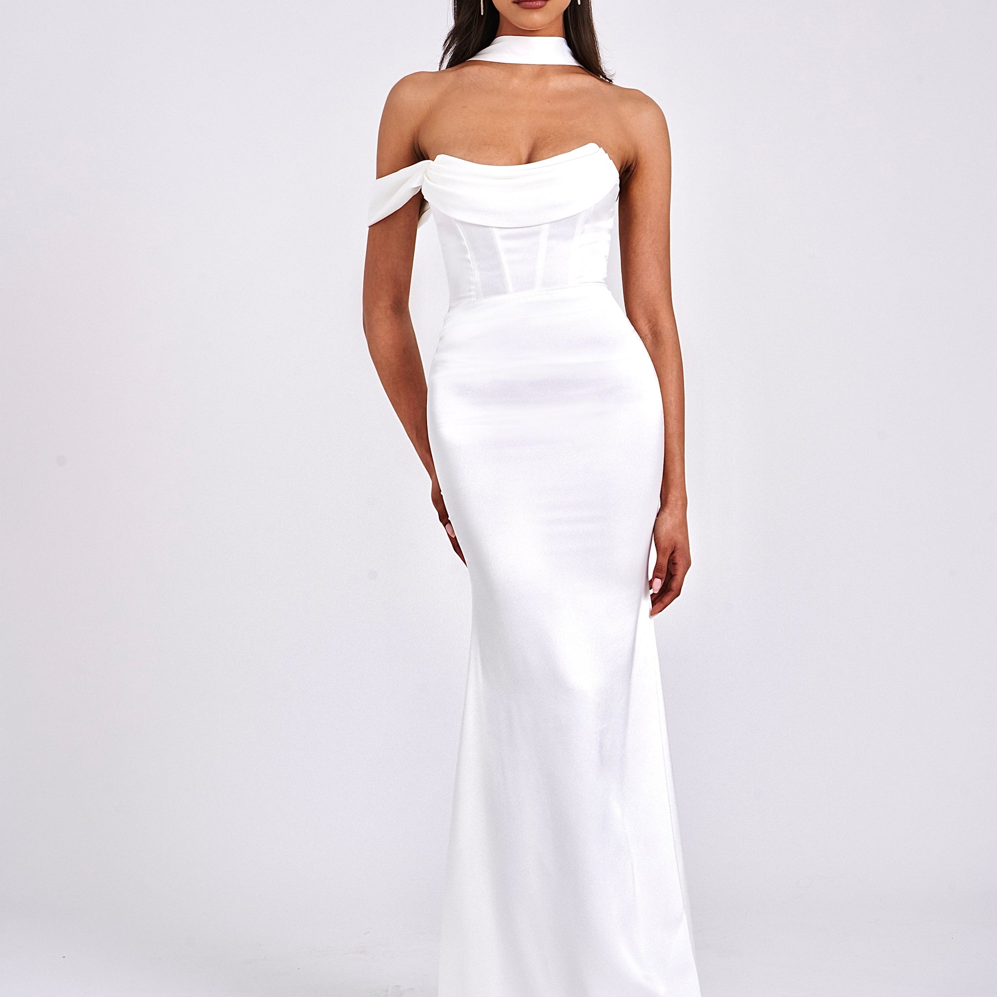 Ivona White Halter Neck Double Duchess Satin Gown