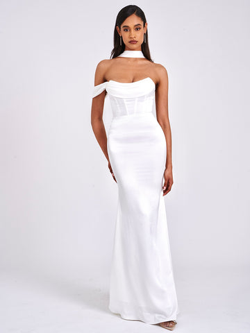 Ivona White Halter Neck Double Duchess Satin Gown