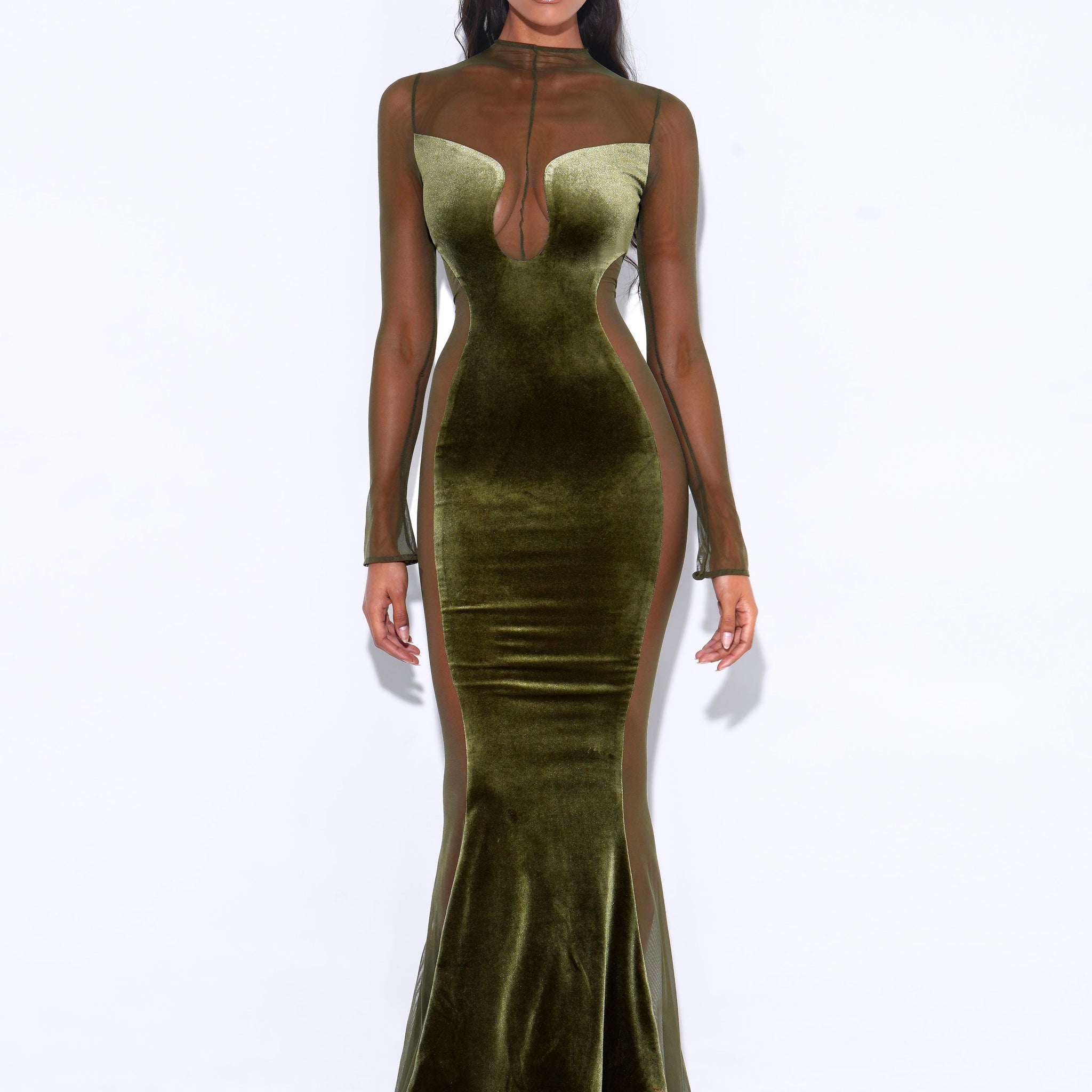 Paislee Olive Green Velvet Mesh Long Sleeve Gown