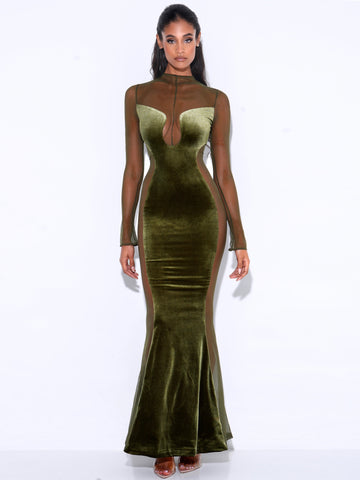 Paislee Olive Green Velvet Mesh Long Sleeve Gown