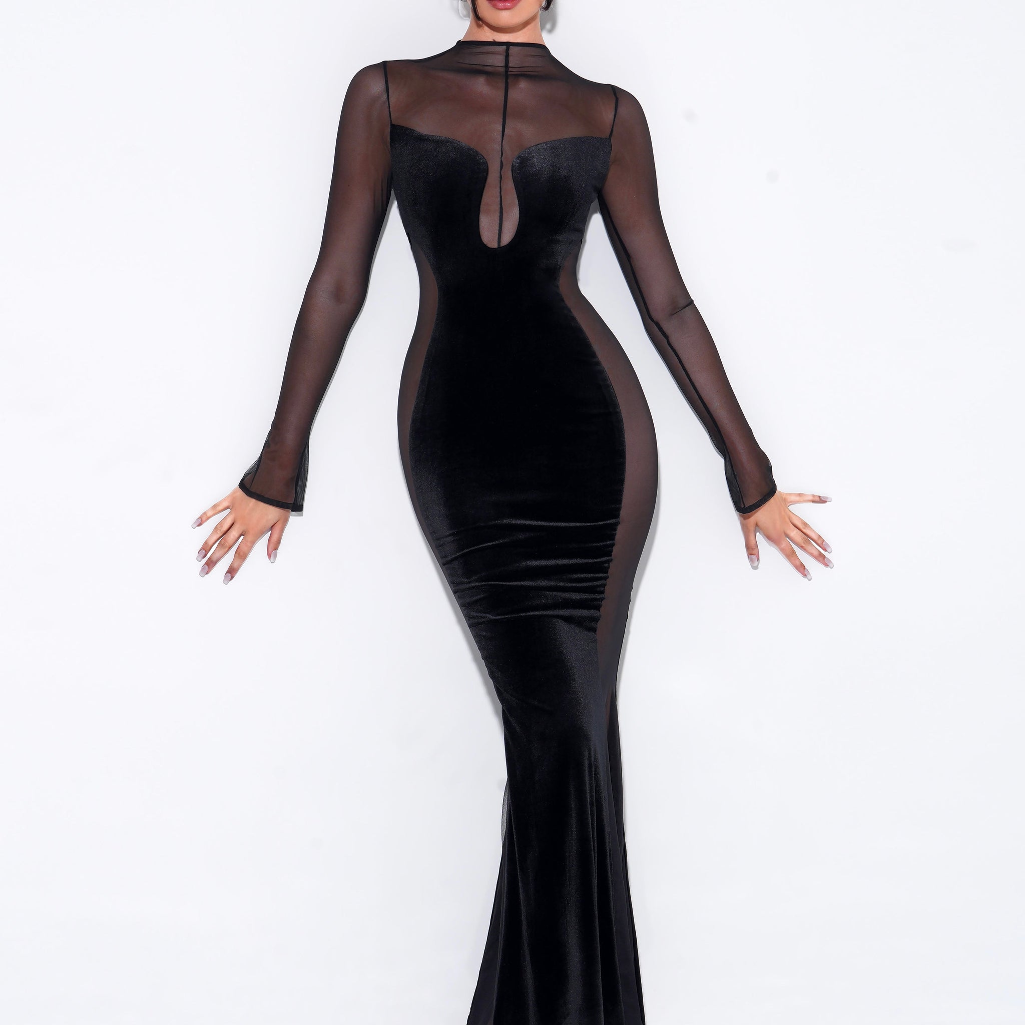 Paislee Black Velvet Mesh Long Sleeve Gown