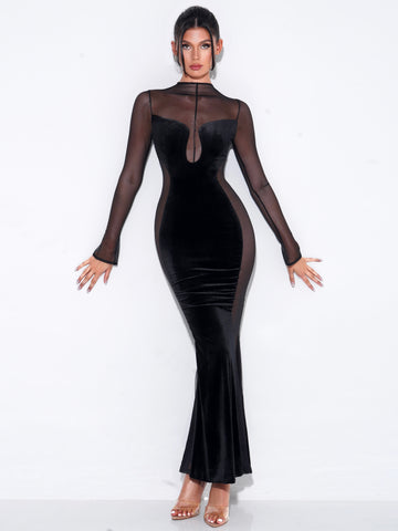 Paislee Black Velvet Mesh Long Sleeve Gown