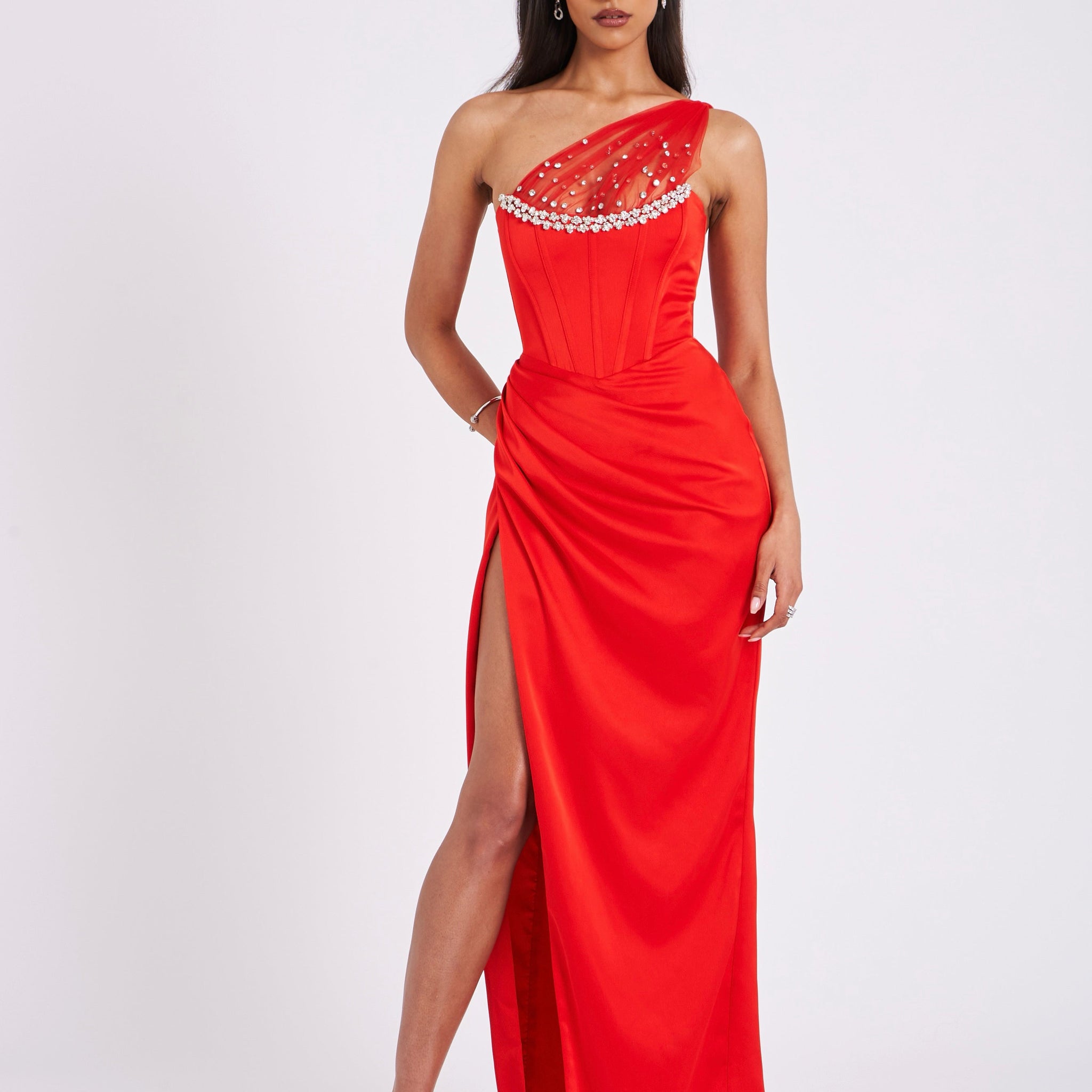 Lora Scarlet Crystal Embellished Mesh Satin Corset Gown