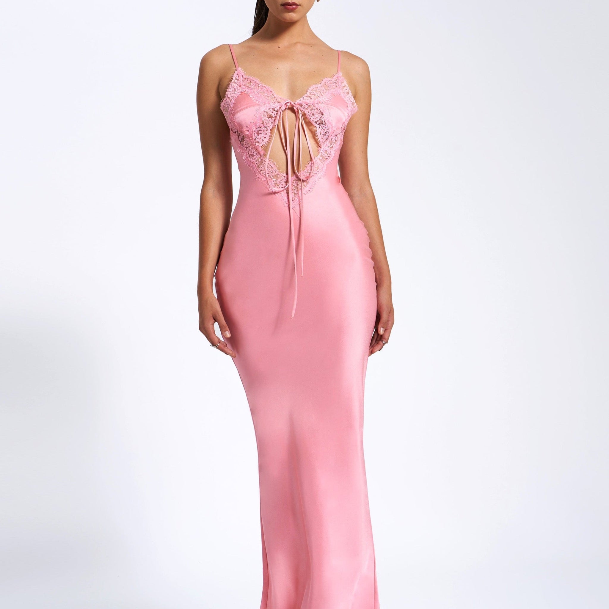 Zinnia Salmon Pink Satin Lace Maxi Dress