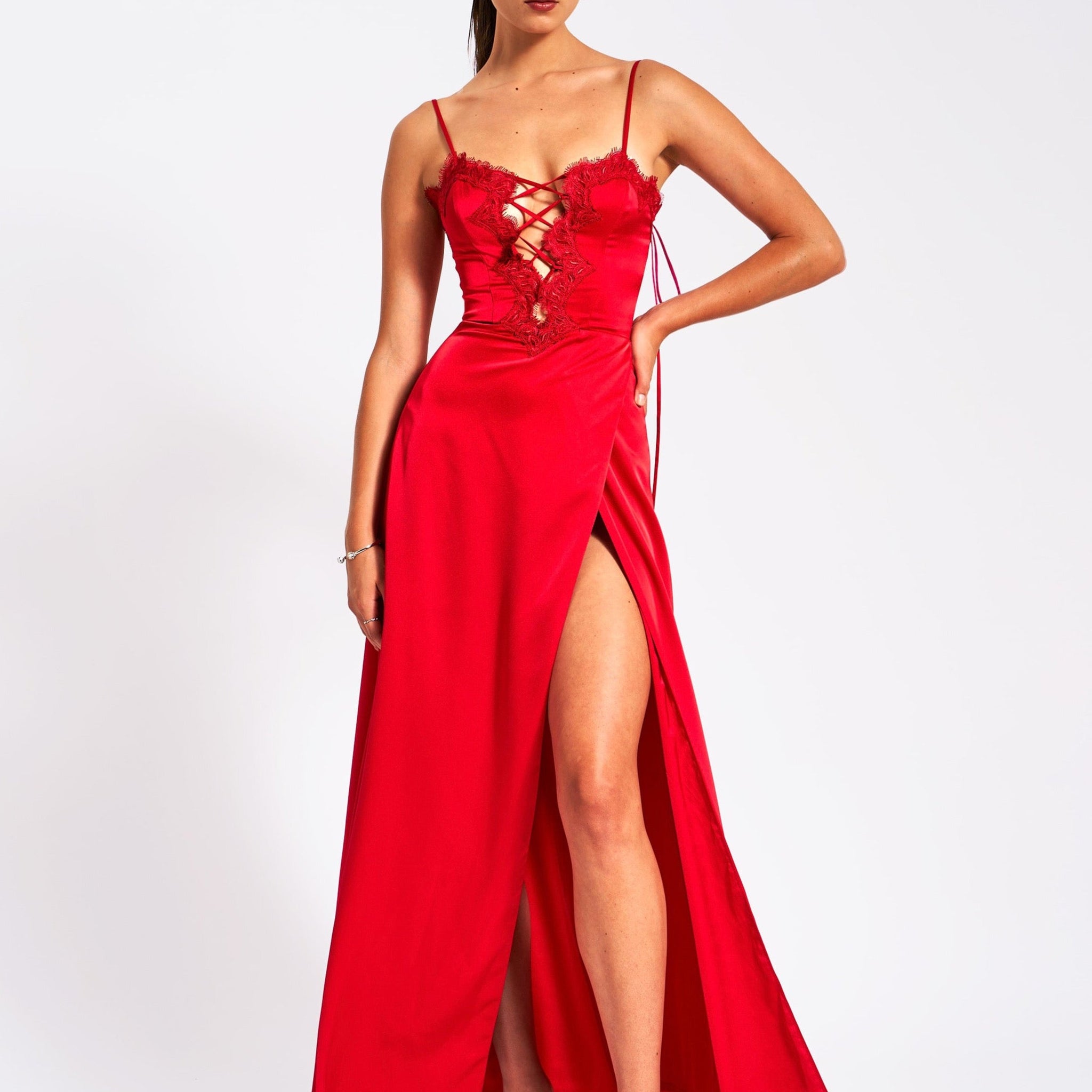 Rabia Red Lace Up High Slit Satin Dress