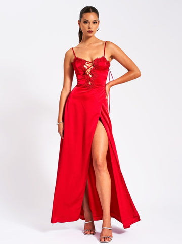 Rabia Red Lace Up High Slit Satin Dress