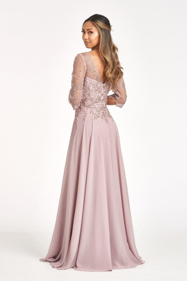 Applique 3/4 Sleeve Chiffon Gown by Elizabeth K GL3066