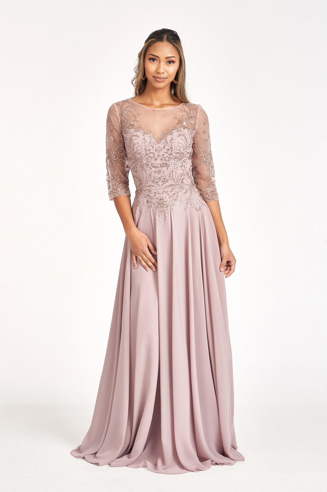 Applique 3/4 Sleeve Chiffon Gown by Elizabeth K GL3066